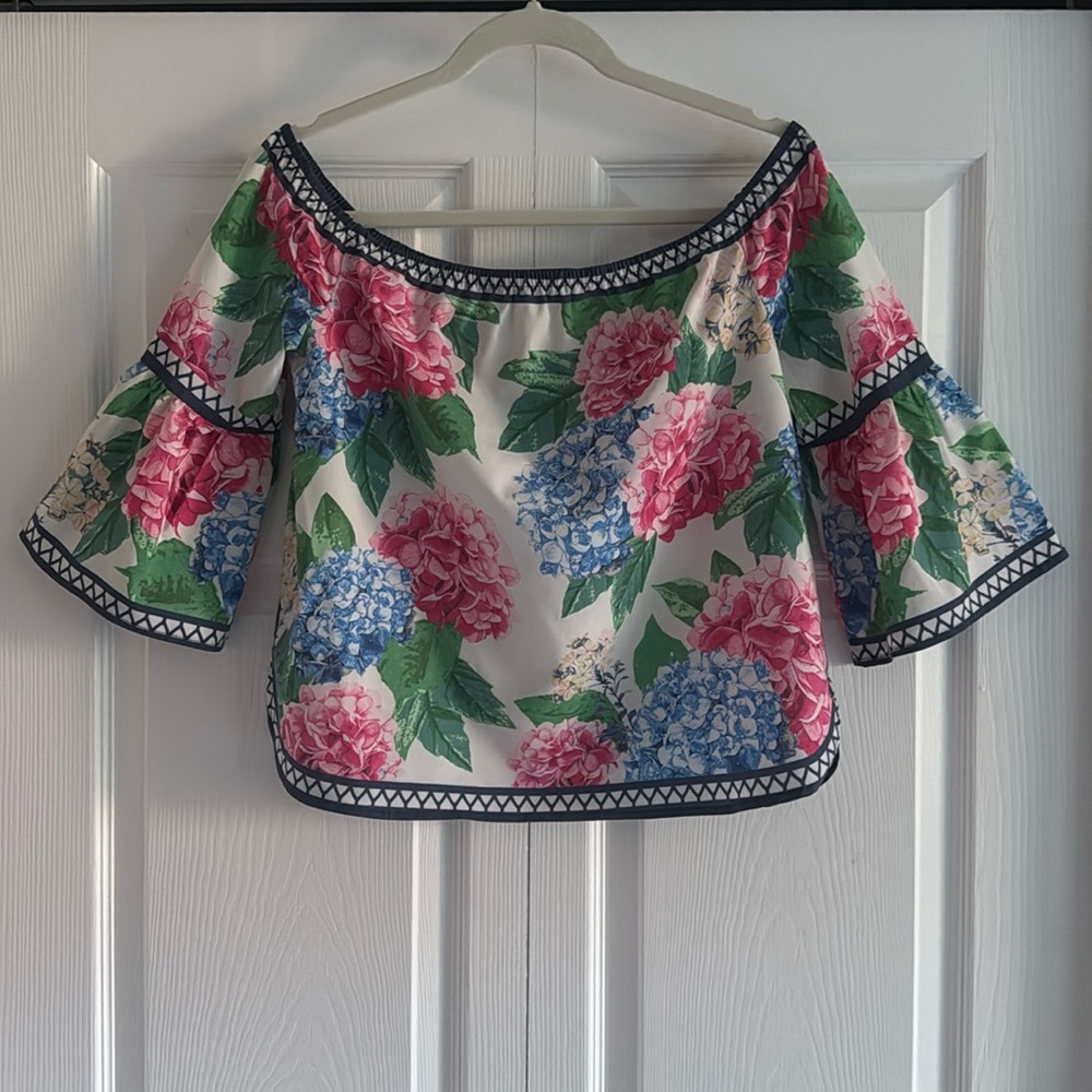 Jealous Tomato Floral/Hydrangea/Lattice Print Off The Shoulder Top - Size Small